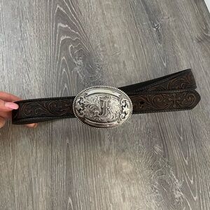 Nocona Brown Tooled Leather Belt with Silver Buckle
